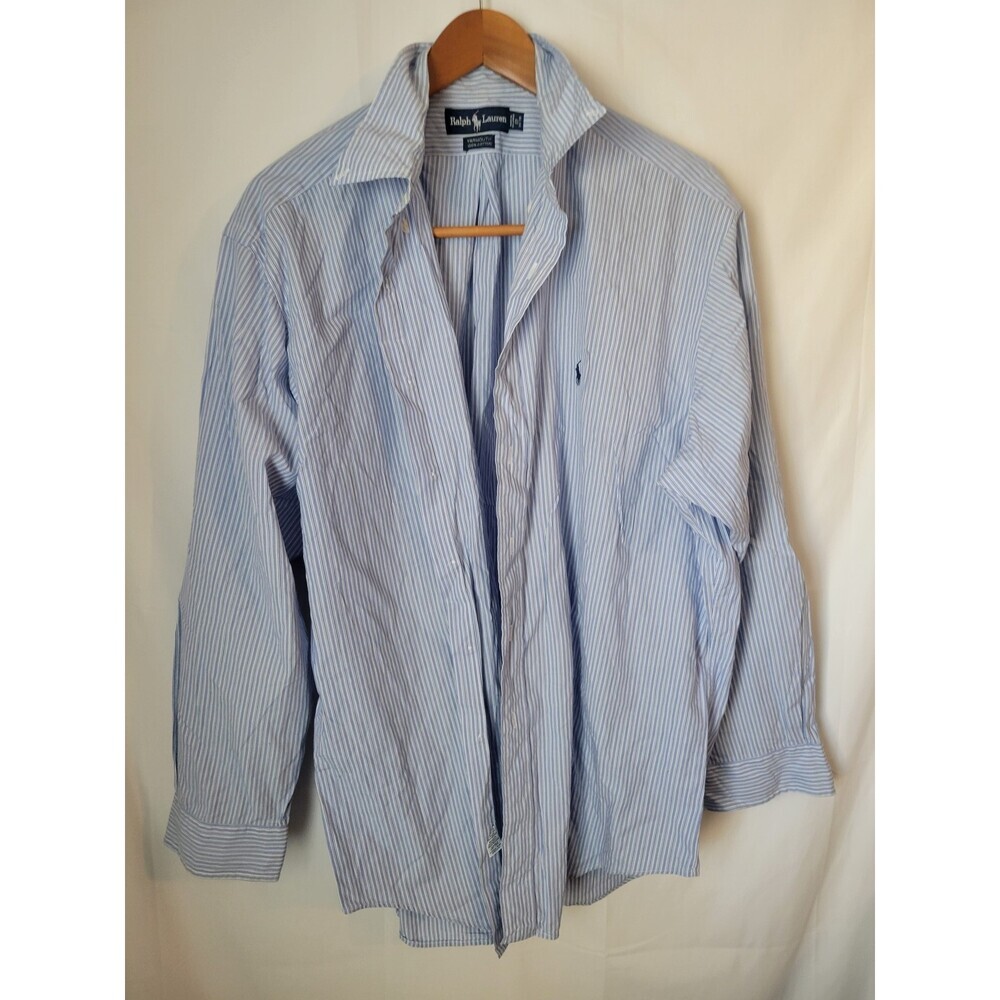 Ralph Lauren Yarmouth Men's Size 17 34/35 Blue White Striped 100% Cotton Dress